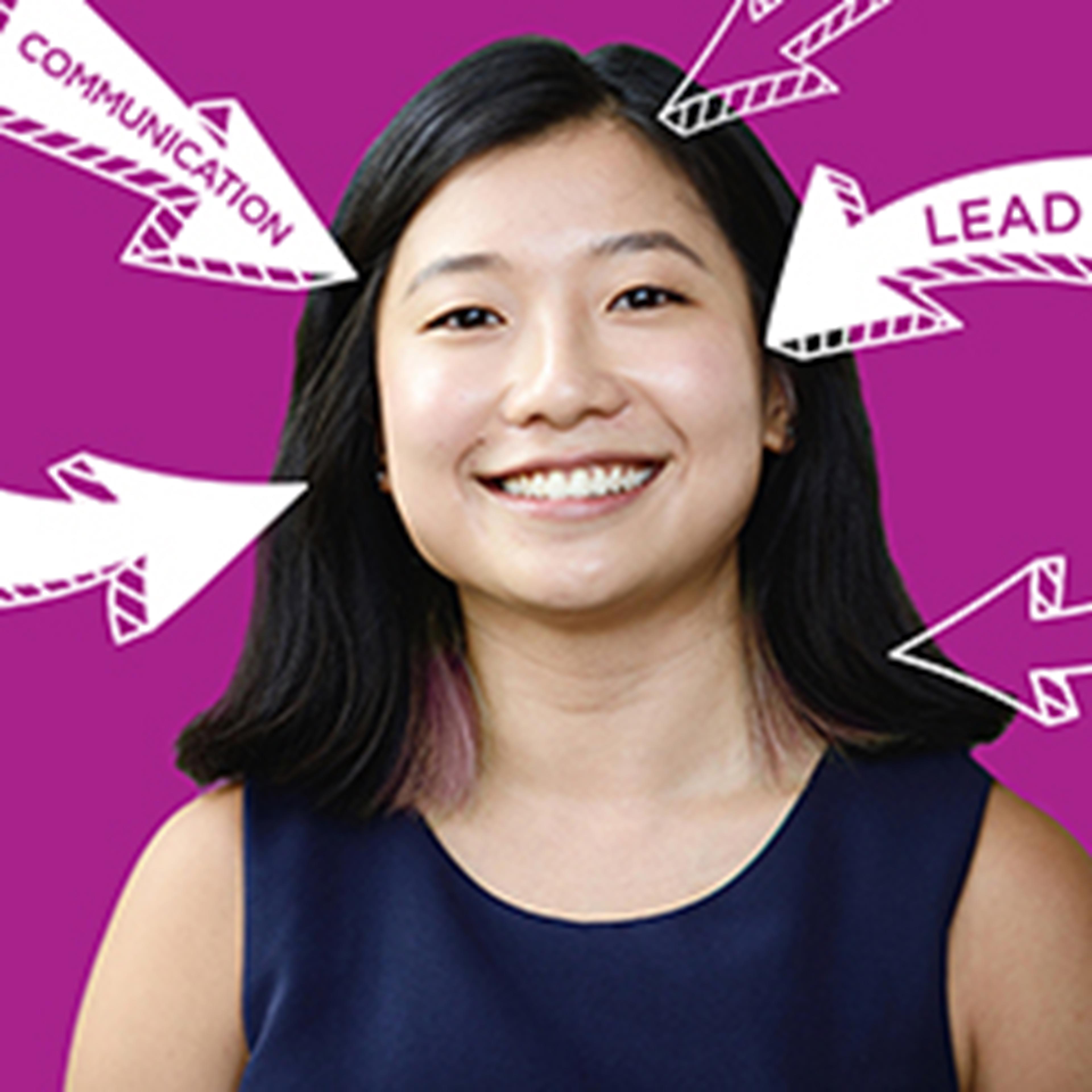 Person smiling at camera with pink background and arrows pointing at them