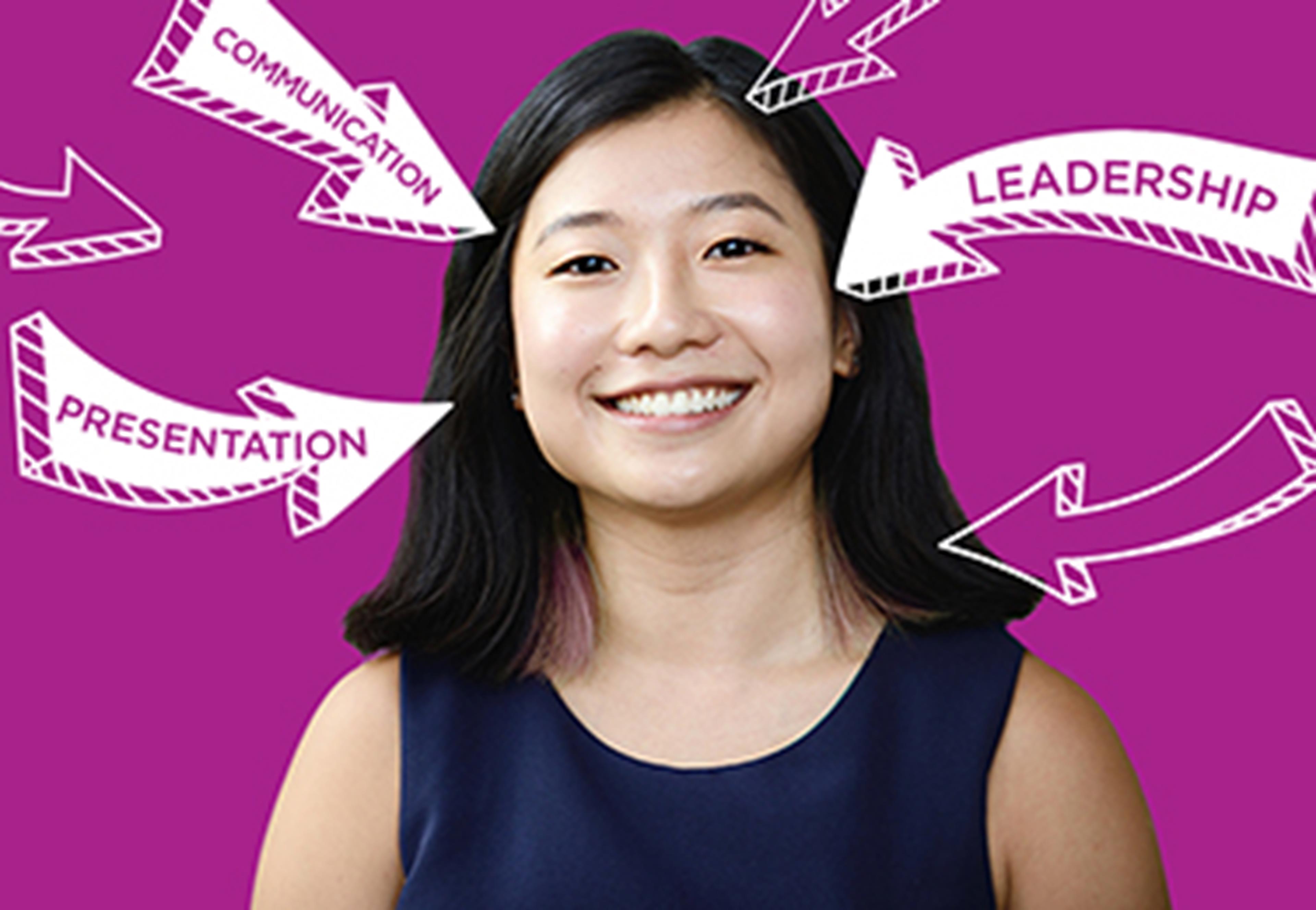 Person smiling at camera with pink background and arrows pointing at them