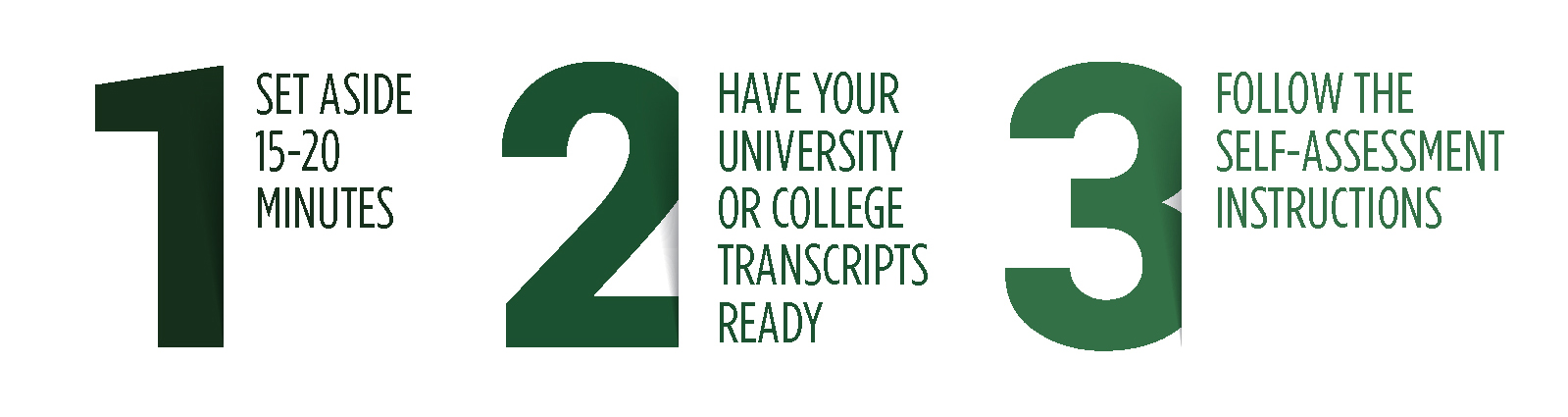 Step 1: Set aside 15-20 minutes. Step 2: Have your university or college transcripts ready. Step 3: Follow the self-assessment instructions.