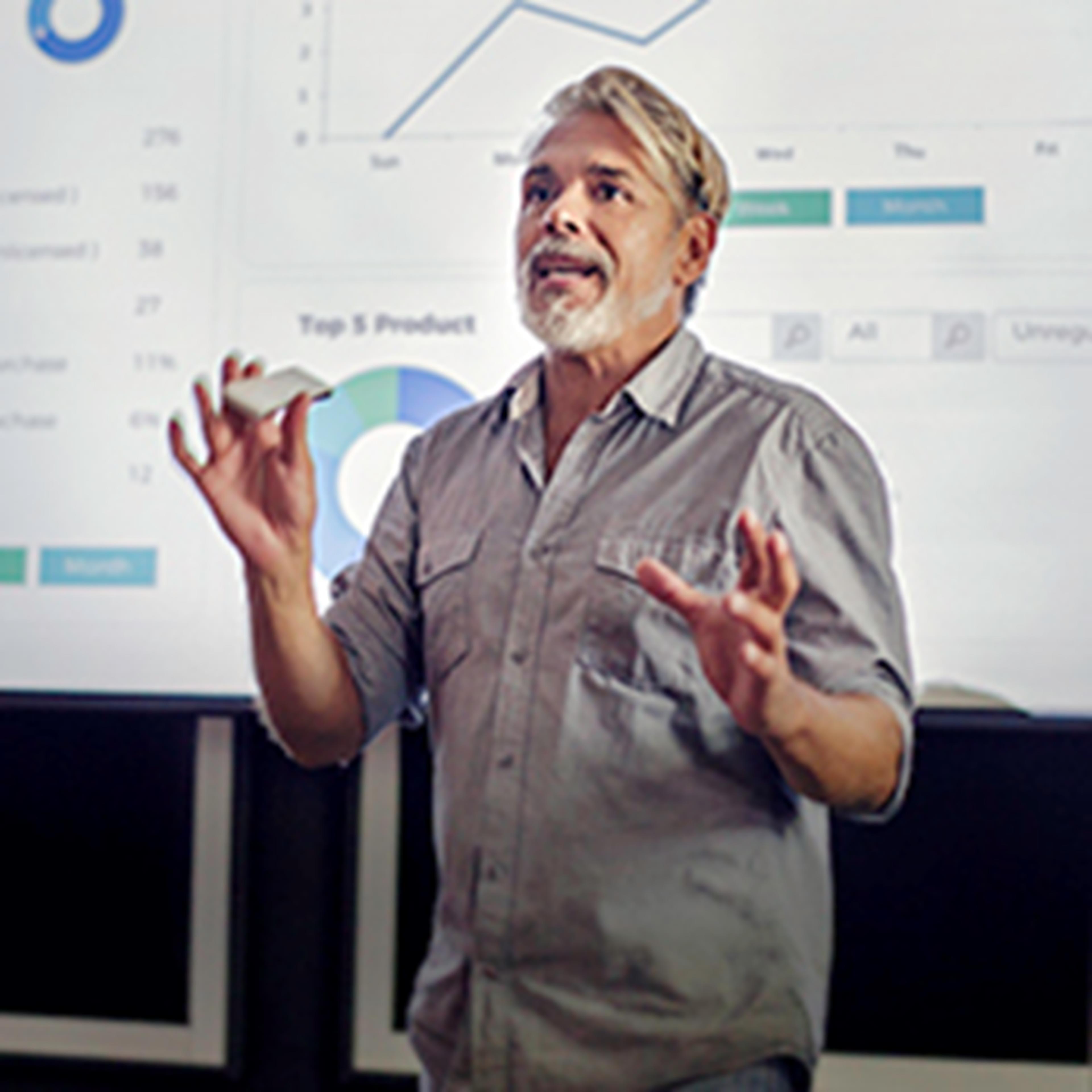 Person with white hair and beard in front of a board with graphs explaining something