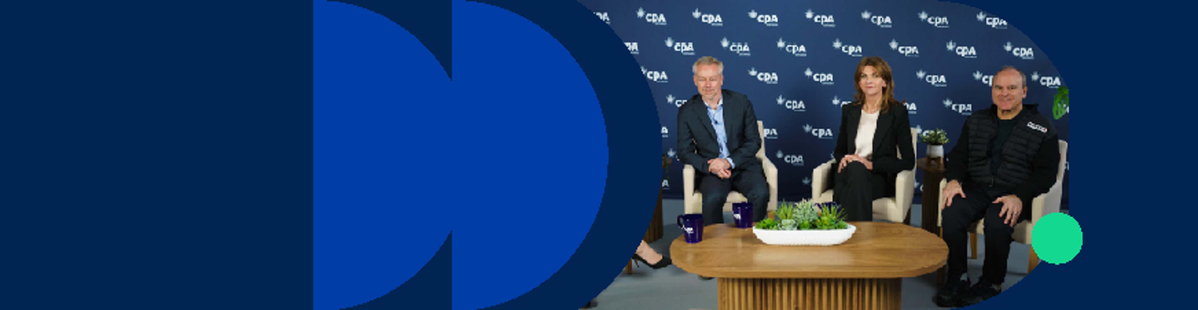 John Ruffolo, Carol Wilding & John McKenzie seated in front of a CPA-branded backdrop during a formal panel discussion