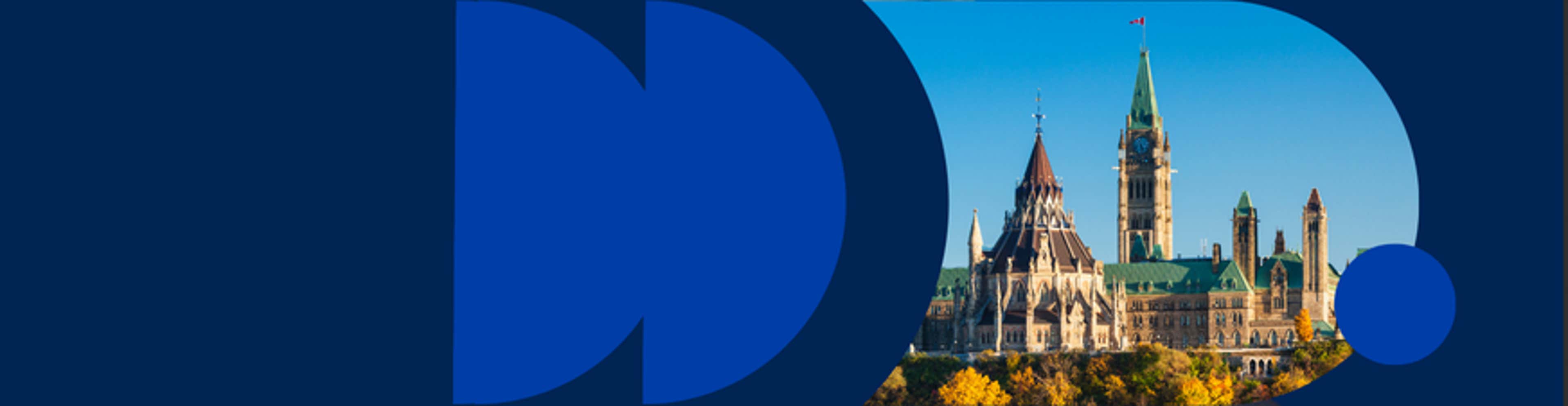 The historic Parliament Building in Ottawa, Canada, with its grand facade and prominent clock tower amidst vibrant gardens.