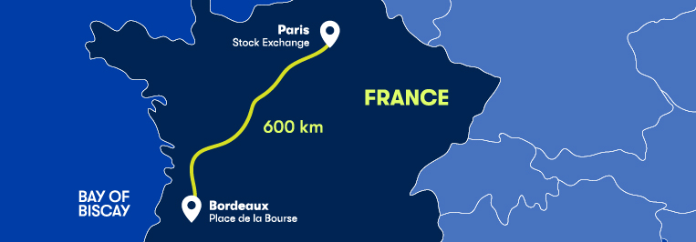 Map showing distance between Paris and Bordeaux