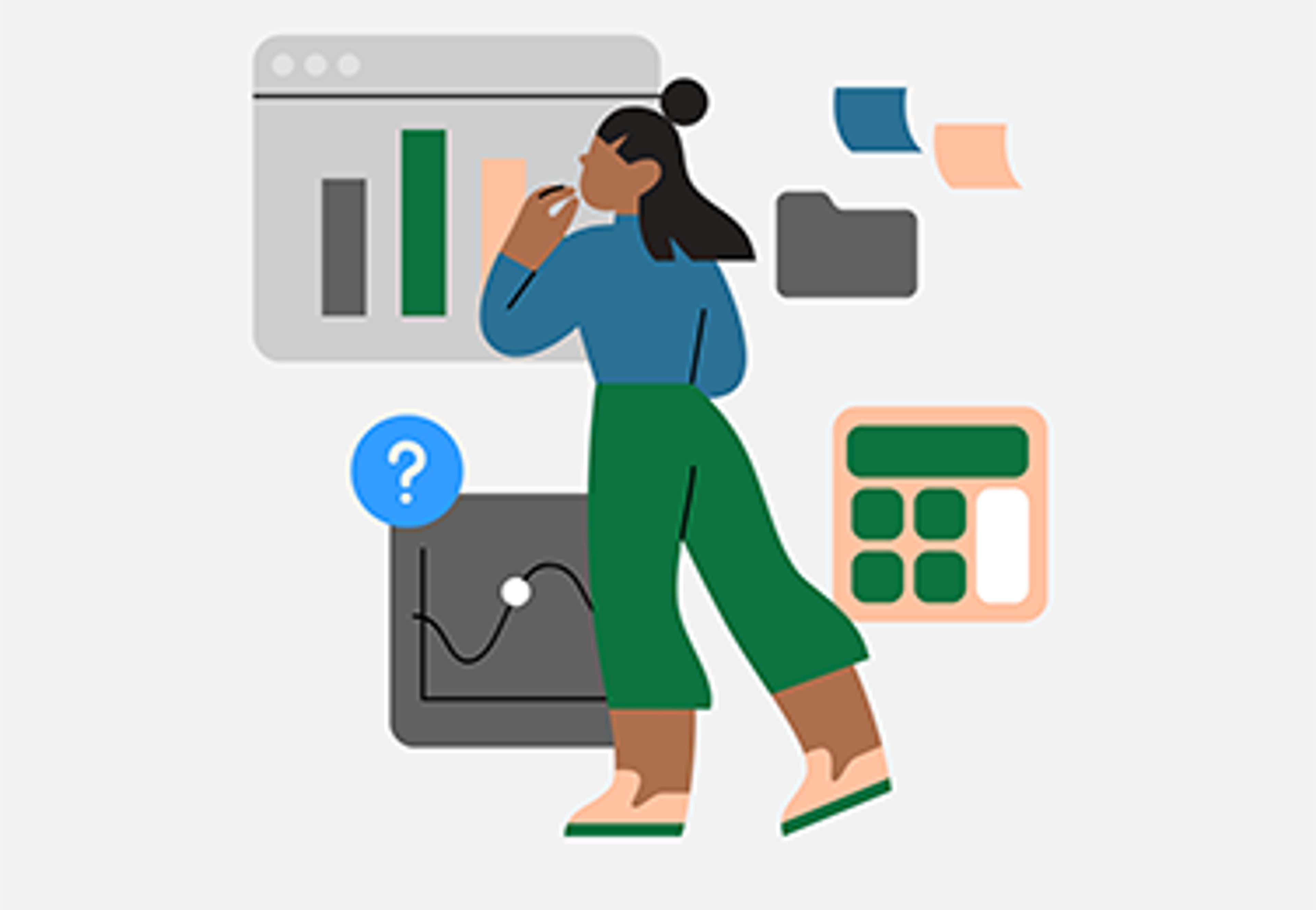 Graphic of woman standing in front of graphs
