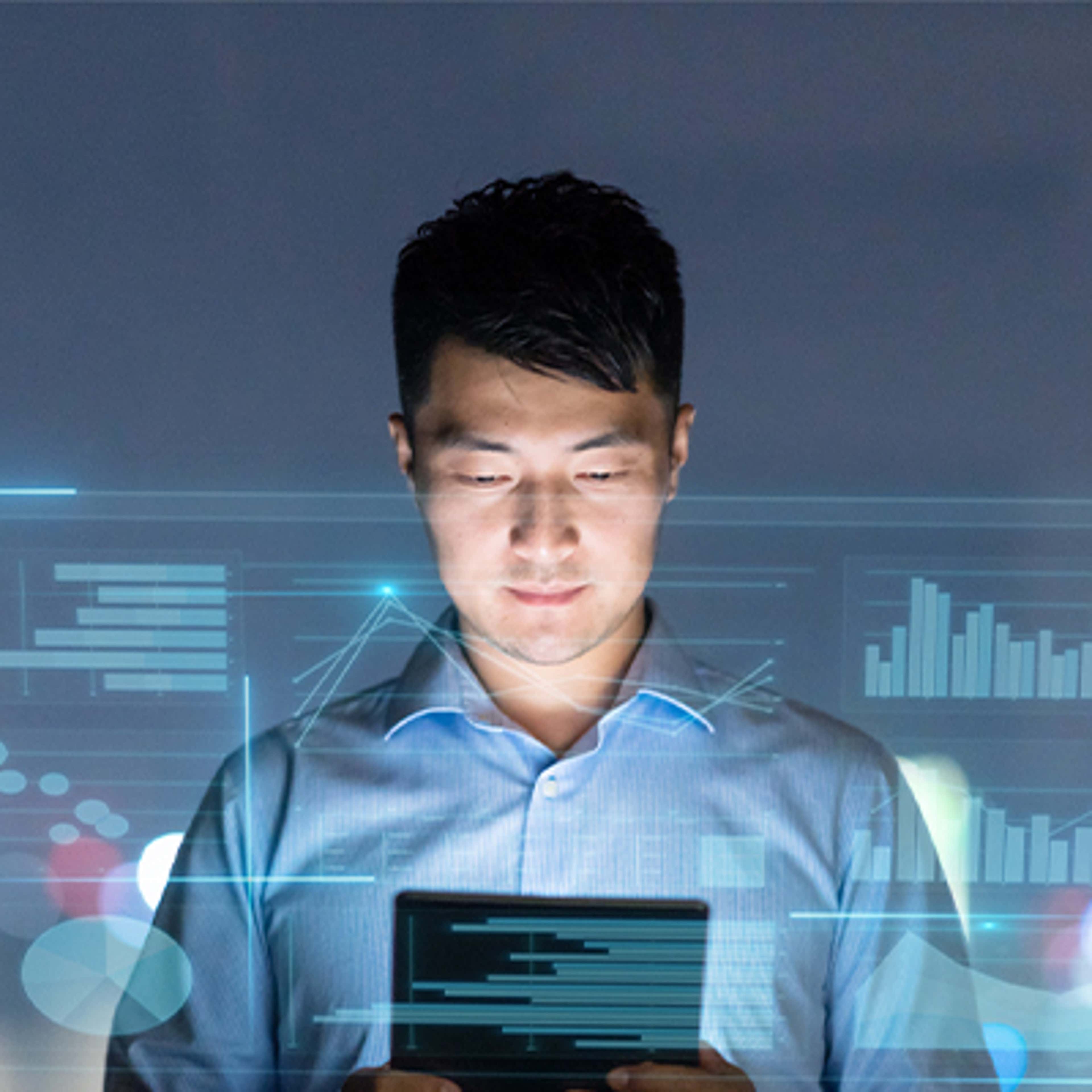 man staring at a screen