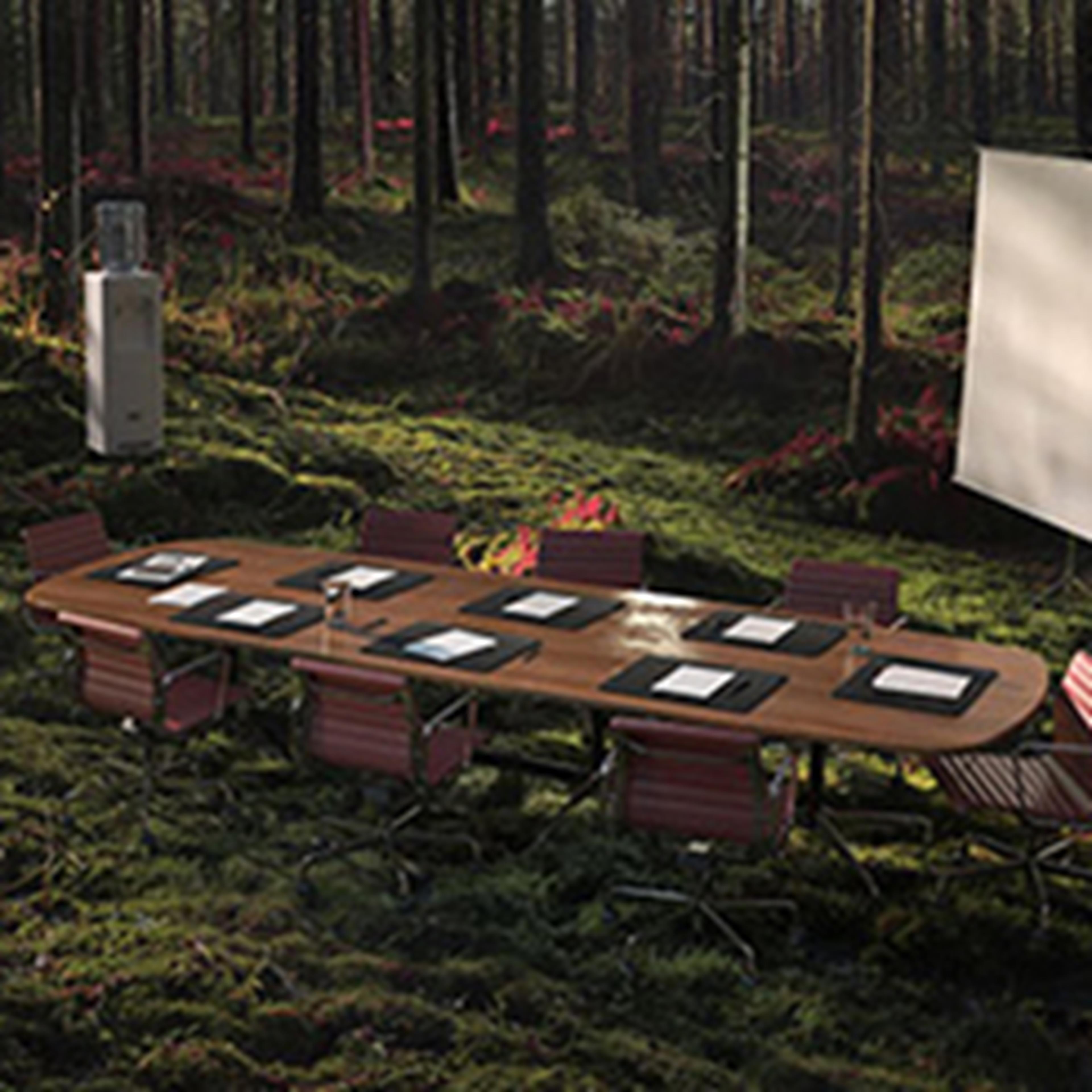 Board room table, watercooler and flip chart in the middle of a forest