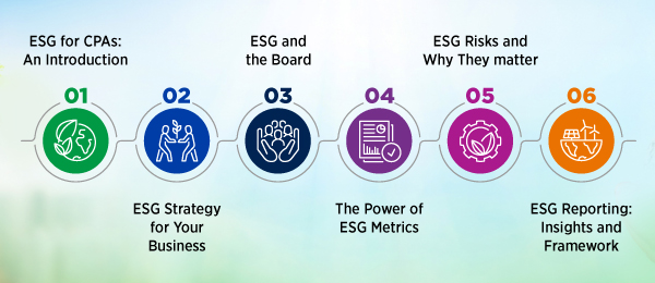 ESG for CPAs - an Introduction, ESG Strategy for Your Business, ESG and the Board, The Power of ESG Metrics, ESG Risks and Why They Matter, ESG Reporting - Insights and Framework.