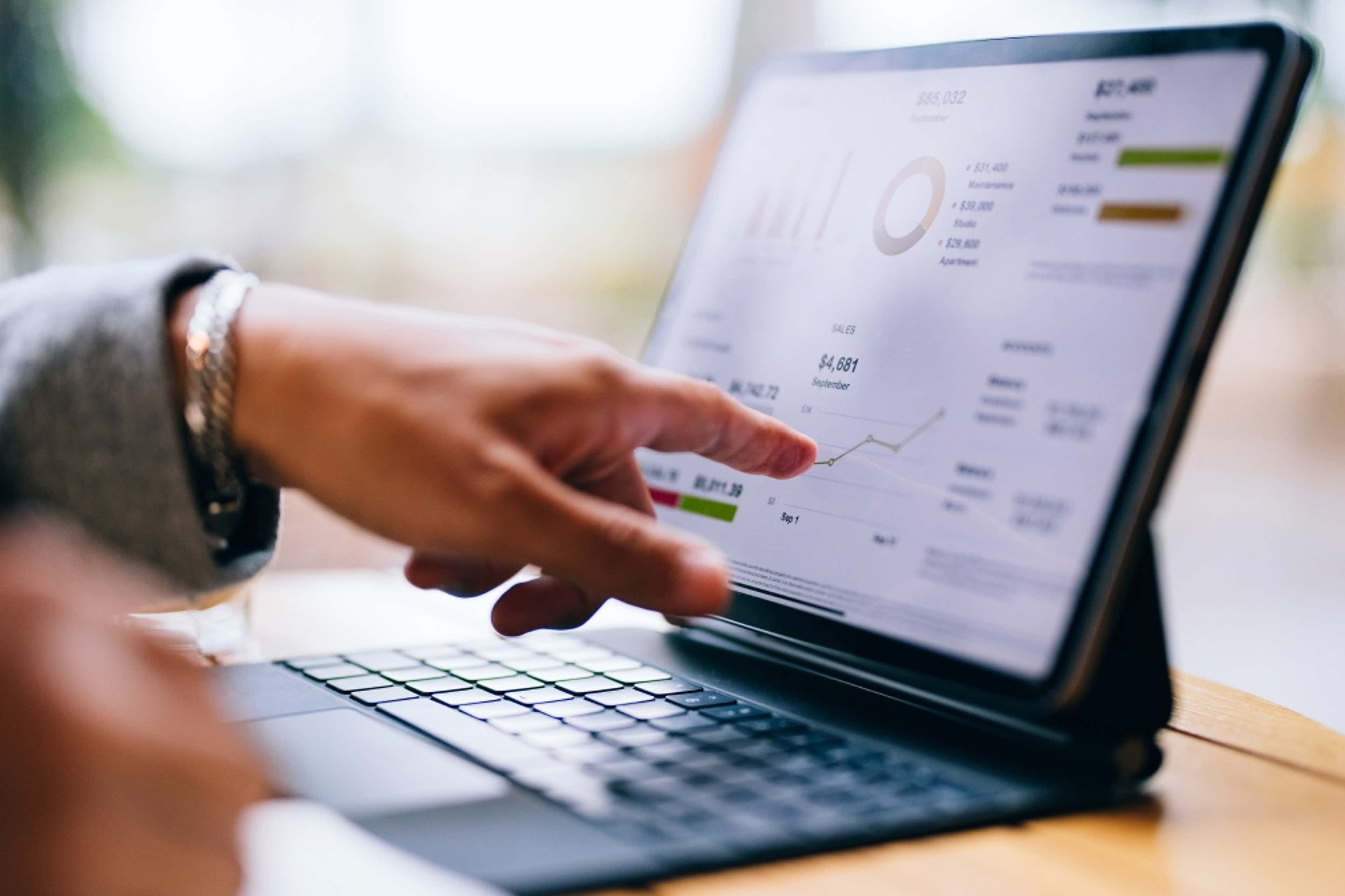 man pointing at a laptop screen