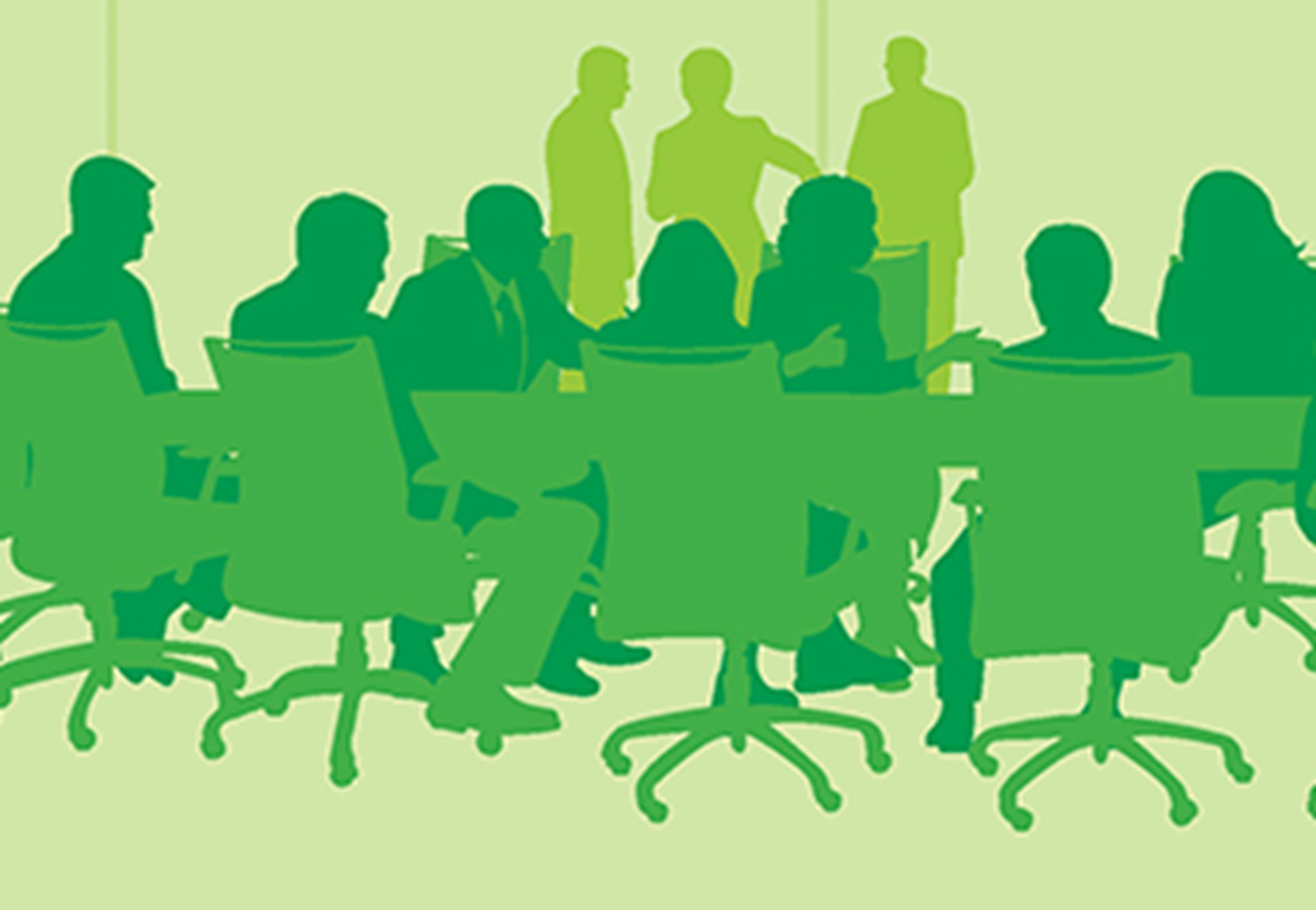Illustration of people sitting around a boardroom in green