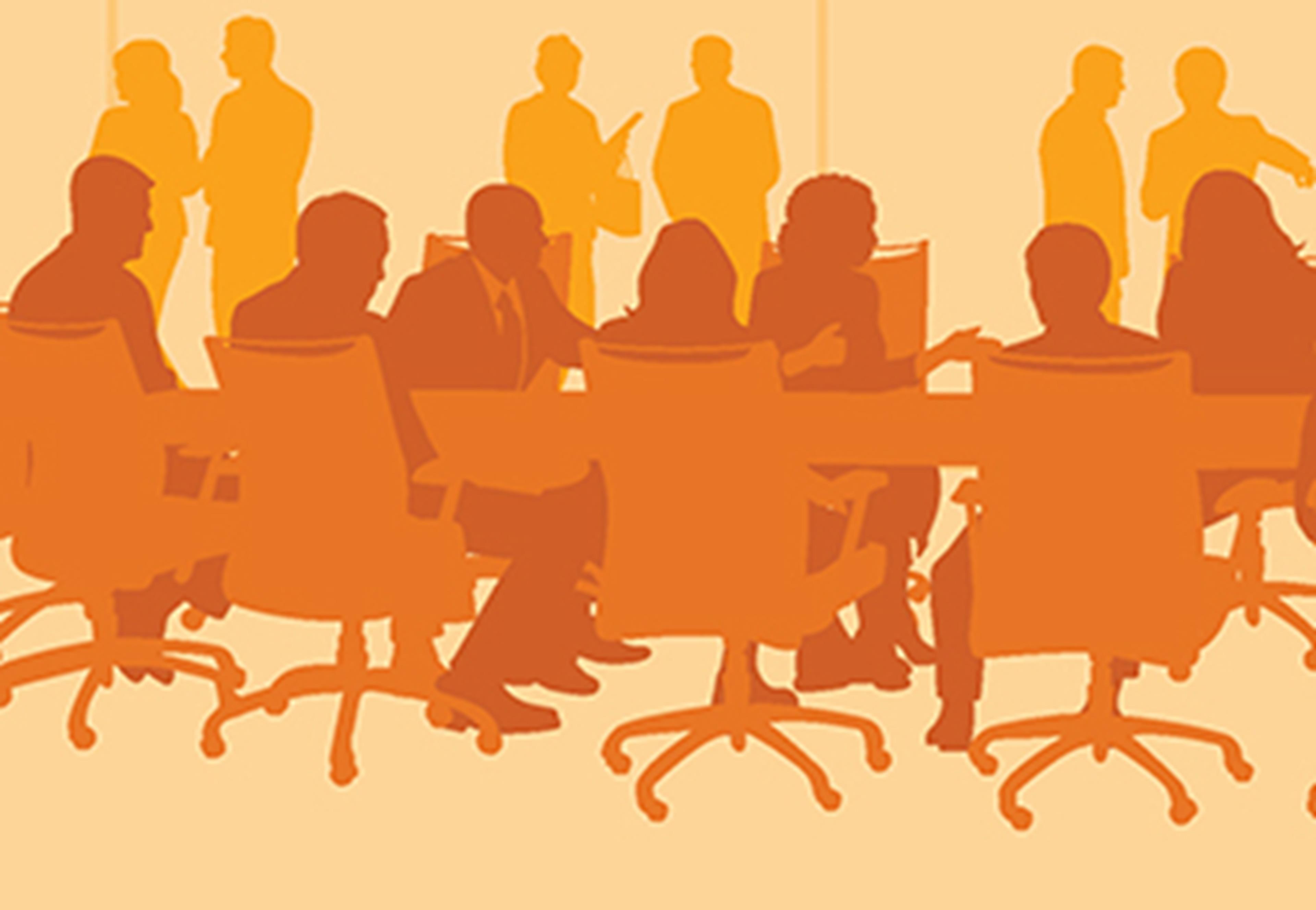 Illustration of people sitting across a boardroom in orange