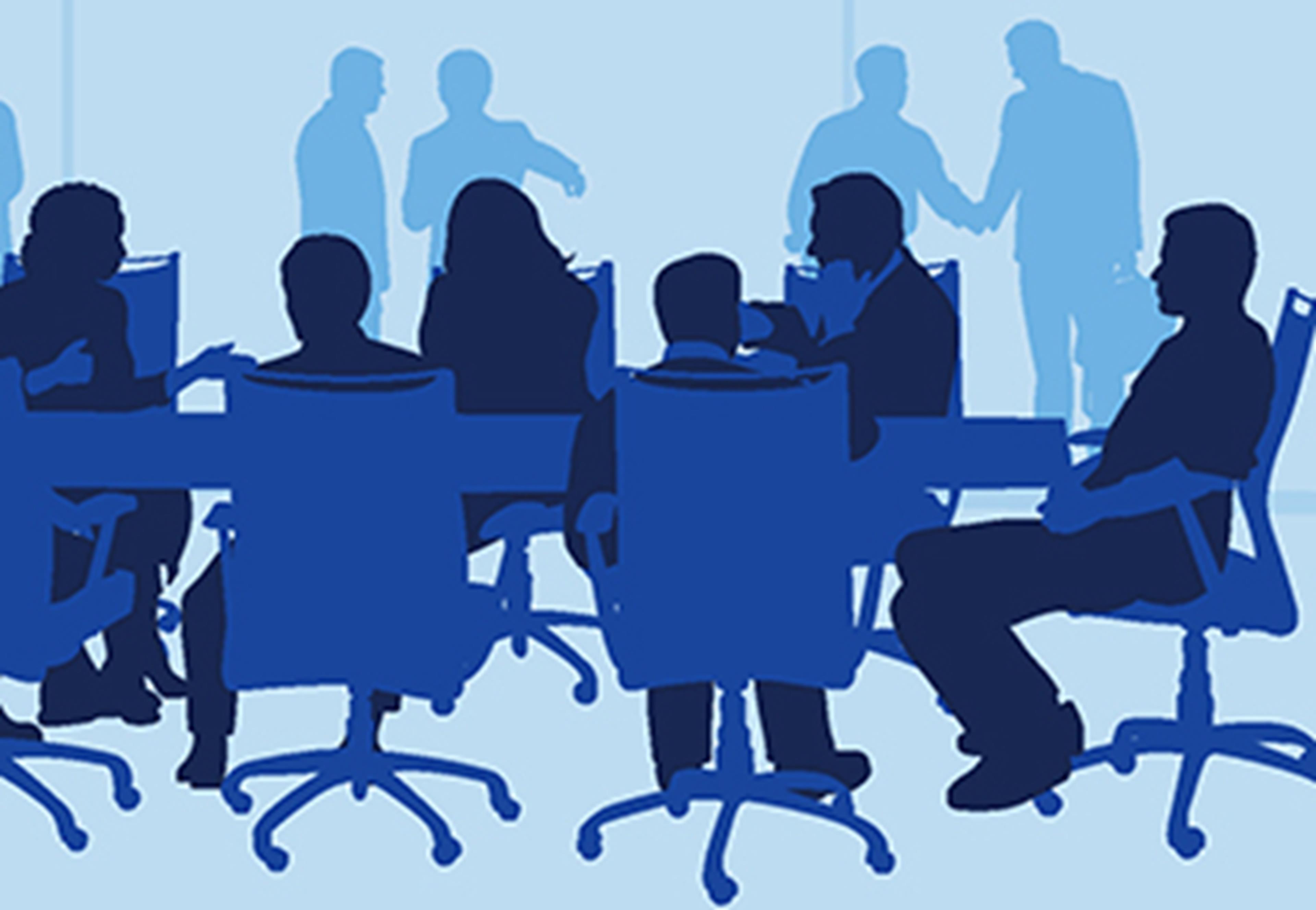 Illustration of silhouettes sitting in a meeting in blue