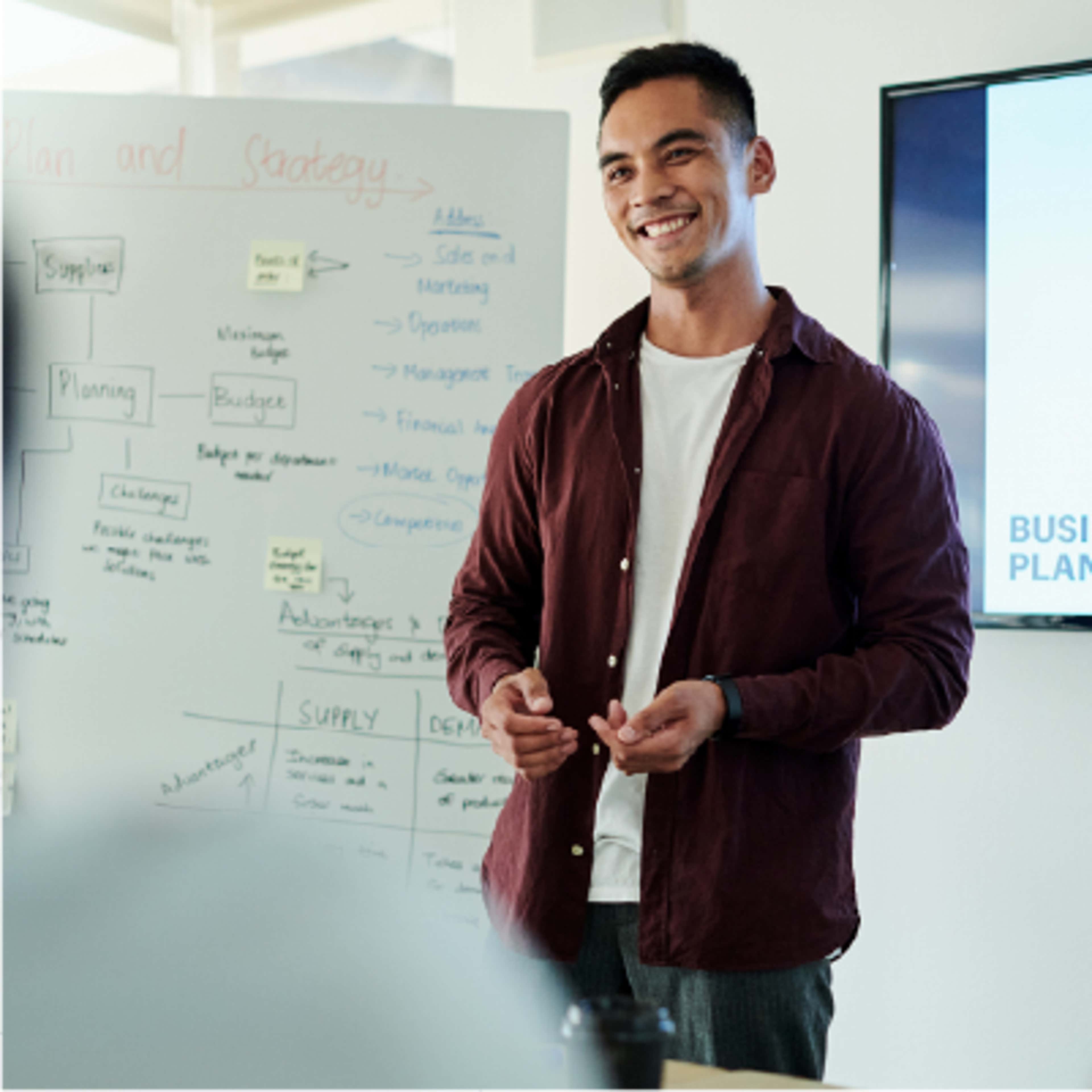 A person presenting in front of the whiteboard