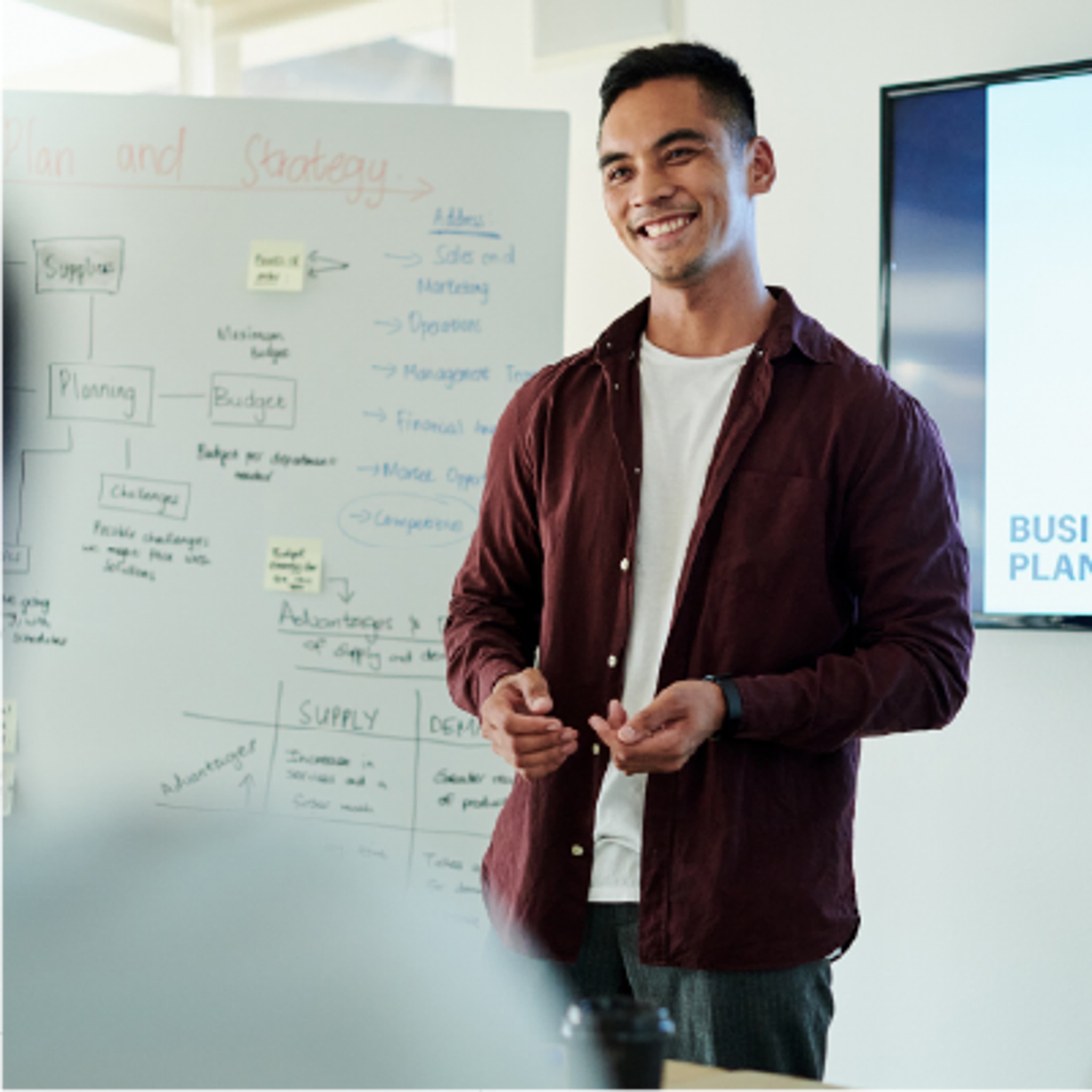 A person presenting in front of the whiteboard