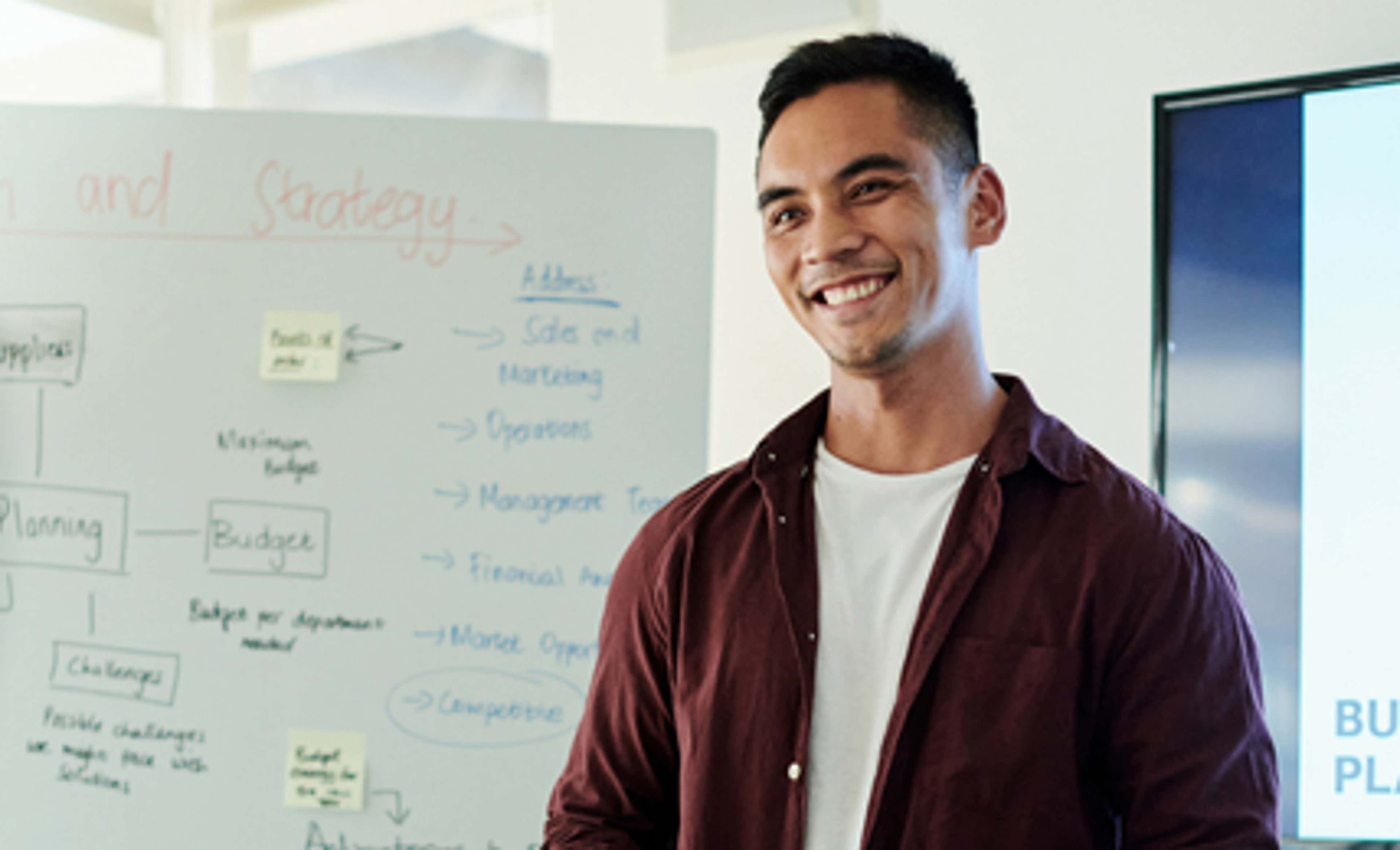 A person presenting in front of the whiteboard