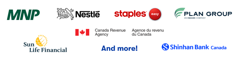 Employer partner logos including MNP, Nestlé, Staples, Plan Group, Sun Life Financial, Canada Revenue Agency, and Shinhan Bank Canada.